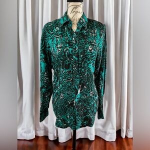 Vintage Exit Zoo Green Tiger Print Rayon Shirt button down long sleeve EUC small